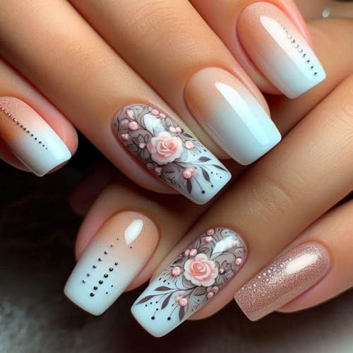 24 Stück quadratische, glänzende Designs, französische künstliche Acryl-Klebstoffe für Frauen von DLUKENY