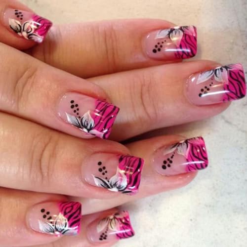 24 quadratische Nägel zum Aufdrücken, glänzende Designs, französische künstliche Acryl-Klebstoffe für Damen, künstliche Acrylnägel von DLUKENY