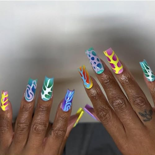 24 quadratische Nägel zum Aufdrücken, glänzendes Design, französische künstliche Acryl-Klebstoffe für Damen, Design von DLUKENY