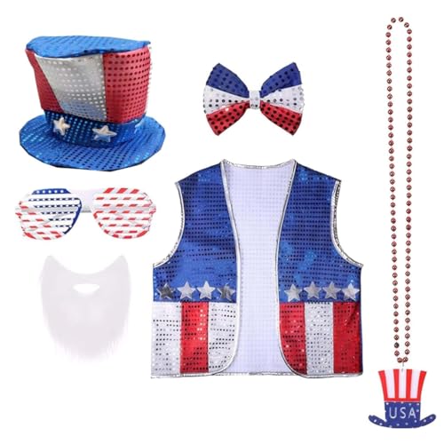 6-teiliges Kostüm-Set für den 4. Juli mit US-Flaggen mit Hut, Weste, Brille und Bartschleife für Partys von DLUKENY
