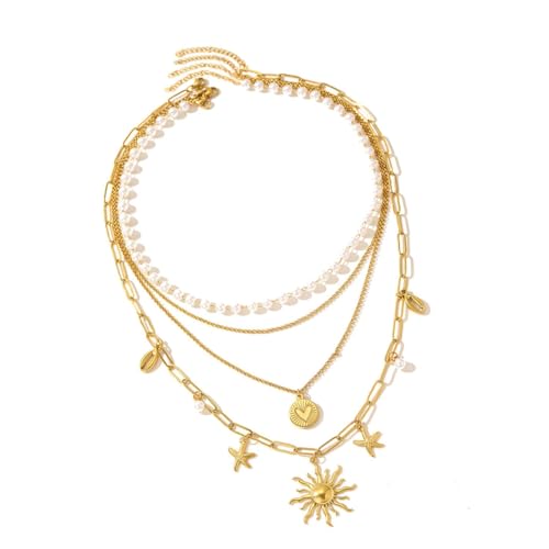 DLUKENY Elegante Perlen-Halskette mit mehrlagiger Halskette mit Blumen- und Seestern-Anhänger für den täglichen Gebrauch, Verabredungen und Versammlungen, Edelstahl von DLUKENY