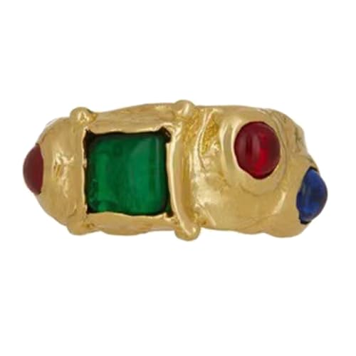 DLUKENY Eleganter Vintage-inspirierter Strass-Ring, luxuriöse goldfarbene Ringe für Damen, mit unregelmäßigen, mehrfarbigen Steinen, champagne, Messing von DLUKENY