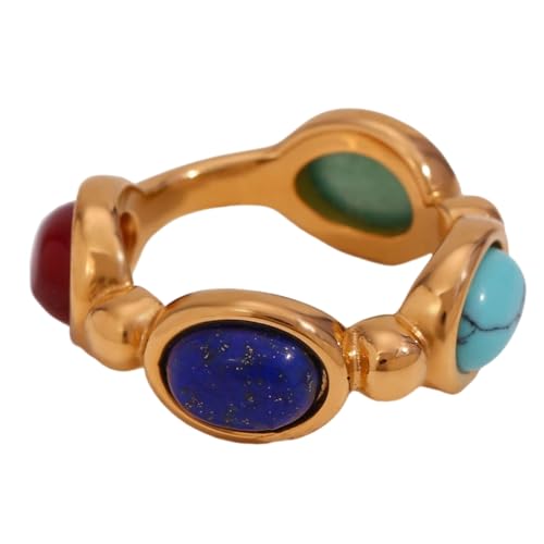 DLUKENY Eleganter robuster Edelstahlring für Damen mit bunten natürlichen Achat-Steinen, Accessoire für Partyzubehör, Edelstahl von DLUKENY