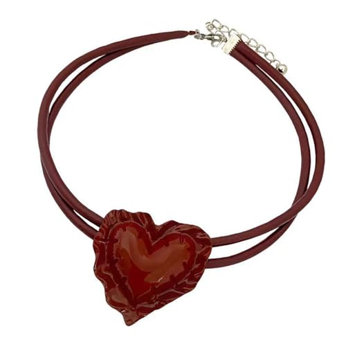 DLUKENY Halskette mit Herz-Anhänger aus PU-Leder für Damen, verstellbar, Vintage-Stil, leicht, Schlüsselbeinkette, bequemer Schmuck, Leder, Legierung von DLUKENY