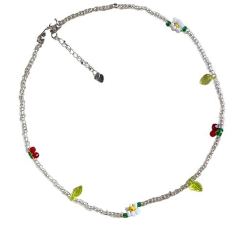 DLUKENY Halskette mit jugendlichen Gänseblümchen und Kirschen, verstellbare Länge, buntes Schlüsselbeinkette für lässiges Outfit, Perlen von DLUKENY