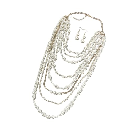 DLUKENY Modische, mehrschichtige Halskette mit künstlichen Perlen, elegantes Perlen-Ohrring-Set, geeignet für gesellschaftliche Zusammenkünfte und jeden Anlass, Kunstperlen von DLUKENY