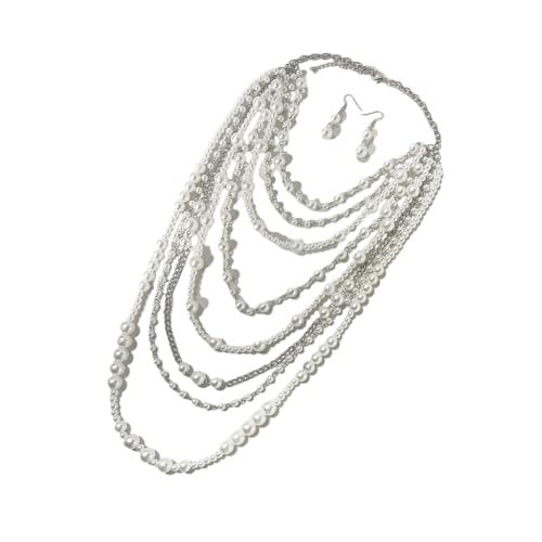 DLUKENY Modische, mehrschichtige Halskette mit künstlichen Perlen, elegantes Perlen-Ohrring-Set, geeignet für gesellschaftliche Zusammenkünfte und jeden Anlass, Kunstperlen DLUKENY Modische, mehrschichtige Halskette mit künstlichen Perlen, elegantes Perlen-Ohrring-Set, geeignet für gesellschaftliche Zusammenkünfte und jeden Anlass, Kunstperlen von DLUKENY