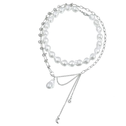 DLUKENY Stern-Mond-Halskette, unregelmäßige Perlen, mehrlagige Halskette, verstellbares Schlüsselbeinkette, handgefertigter Perlen-Choker-Schmuck von DLUKENY