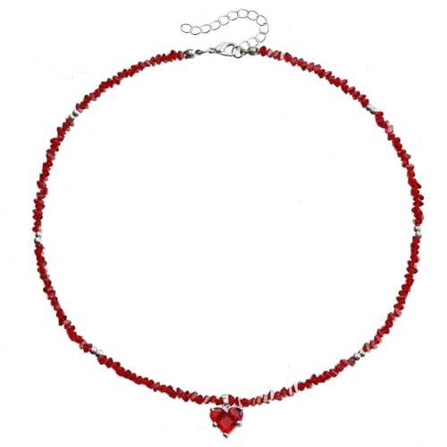 DLUKENY Stilvolle, handgefertigte Perlen-Halskette mit Herz-Anhänger, Modeschmuck, Accessoire für jeden Anlass, Freizeitkleidung, Glasreisperlen + Legierung von DLUKENY