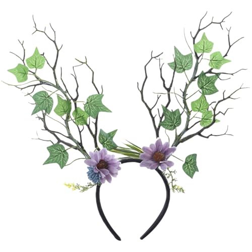 Handgefertigte Blumenkränze Geweih Stirnbänder Halloween Cosplay Haarreifen für Fantasy-Event von DLUKENY
