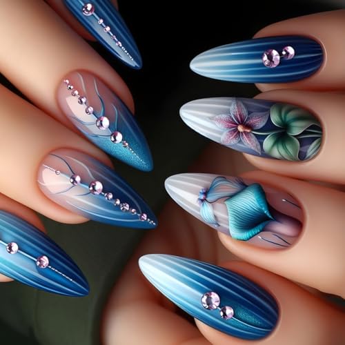 Künstliche Kunstkleber für Damen, Mandel-Aufdruck, Blume, französisches Acryl, 24 Stück von DLUKENY