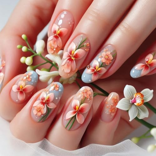 Künstliche Kunstkleber für Damen, Mandel-Aufdruck, Blume, französisches Acryl, 24 Stück von DLUKENY