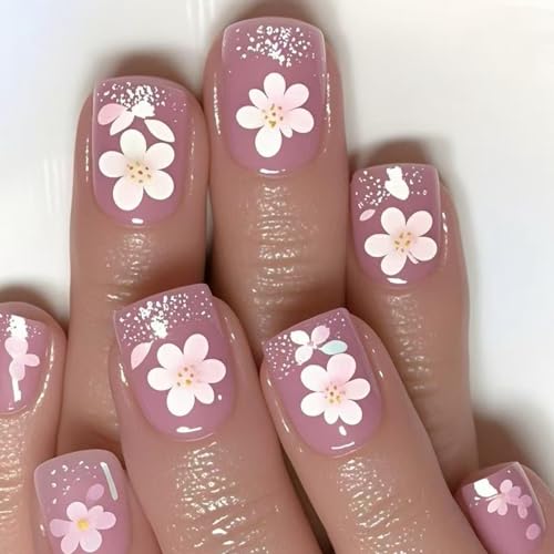 Künstliche Nägel zum Aufdrücken, quadratisch, mit Blumen-Design, künstliche Glitzer, für Damen, 24 Stück von DLUKENY