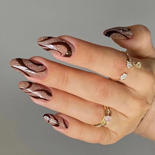 Mandel-Nägel zum Aufdrücken, glänzendes Design, französische künstliche Acrylkleber, für Damen, transparent, 24 Stück von DLUKENY