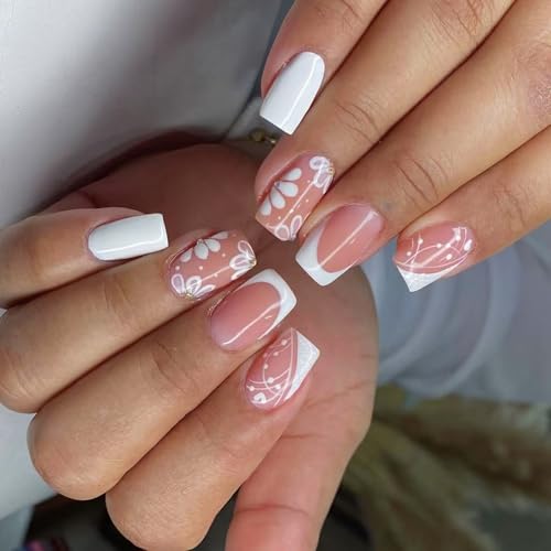 Quadratische Nägel zum Aufdrücken, glänzendes Design, französische künstliche Acrylkleber für Damen, zum Aufkleben von DLUKENY