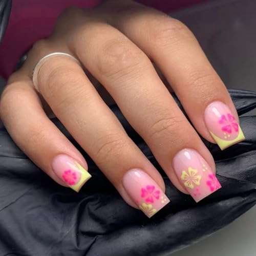 Quadratische Nägel zum Aufdrücken, glänzendes Design, französisches Acryl, künstliche Nägel für Damen, französische Spitze von DLUKENY