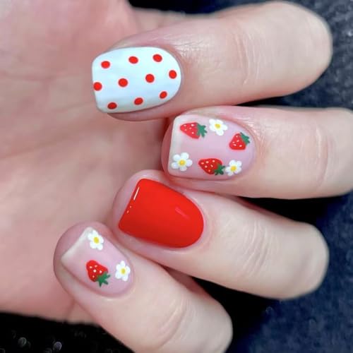 Quadratisches Drücken auf Erdbeer-Designs, französische künstliche Acryl-Klebstoffe für Frauen von DLUKENY