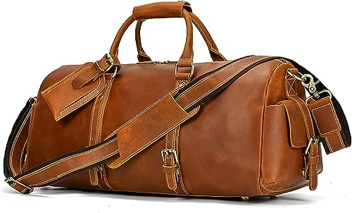 Leder-Reisetasche, wasserdicht, Weekender-Übernachtungstasche, große Handgepäck-Reisetasche for Männer, Frauen, Fitnessstudio und Reisen, 2 Farben, 50 x 21 x 21 cm (Color : Brown, Size : 50X21X21CM von DLUXCA