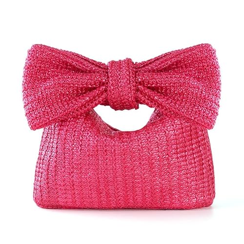 DLZFUDTY Clutch Stroh,Stroh Clutch Damen Damen Stroh gewebte Handtaschen Geldbörse Design Schleife Griff Clutch Tasche Luxus Party Bankett Handgelenk Urlaub Strand(Rose Red) von DLZFUDTY