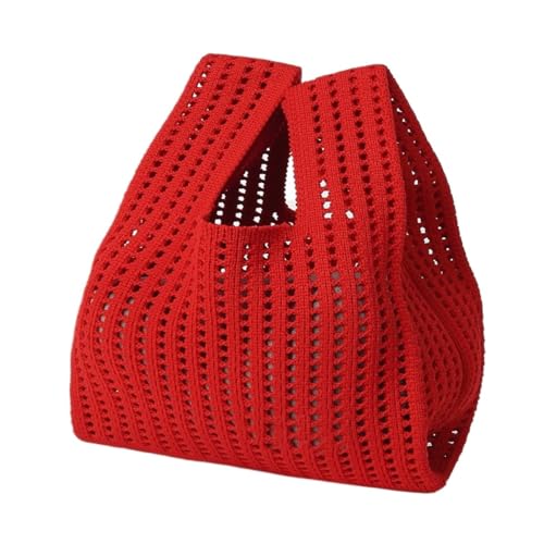 DLZFUDTY Clutch Stroh,Stroh Clutch Damen Handgemachte Strickhandtasche Damen Mini-Umhängetasche Lässige Farbe Breite Streifen Karierte Einkaufstasche Student Handypaket(Red,L) von DLZFUDTY