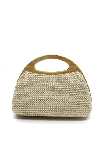 DLZFUDTY Clutch Stroh,Stroh Clutch Damen Modische Handtasche mit Holzclip und gewebtem Strohhalm, Sommer-Strandtasche, Umhängetasche(Beige) von DLZFUDTY