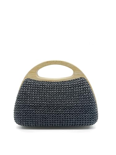 DLZFUDTY Clutch Stroh,Stroh Clutch Damen Modische Handtasche mit Holzclip und gewebtem Strohhalm, Sommer-Strandtasche, Umhängetasche(Black) von DLZFUDTY