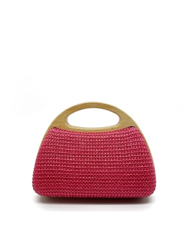 DLZFUDTY Clutch Stroh,Stroh Clutch Damen Modische Handtasche mit Holzclip und gewebtem Strohhalm, Sommer-Strandtasche, Umhängetasche(Red) von DLZFUDTY