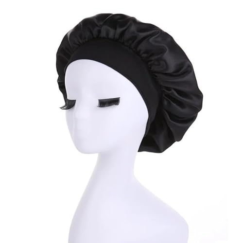 Seidenhaube Zum Schlafen,Badehaube Damen Damen Schlafmützen Badezimmer Satin Einfarbig Stretch Bonnets Duschhaube Haarhut For Den Täglichen Gebrauch(Black) von DLZFUDTY