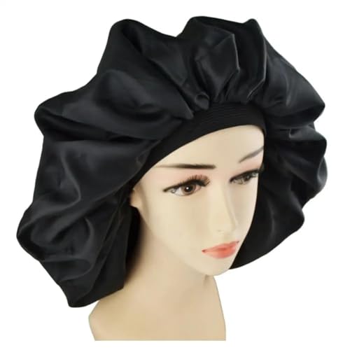 Seidenhaube Zum Schlafen,Badehaube Damen Fshion Damen Satin Solid Schlafmütze Nacht Haarmütze Seidenkopfbedeckung Breites Gummiband Unisex Mütze Schwarz von DLZFUDTY