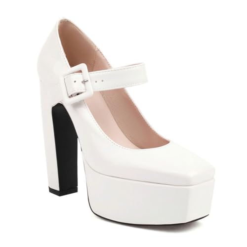 DMBDY High Heels Damen Plateau Mary Jane Pumps mit Knöchelriemen Blockabsatz Quadratische Zehenpartie Party Abendschuhe 13,5cm,White,39 von DMBDY