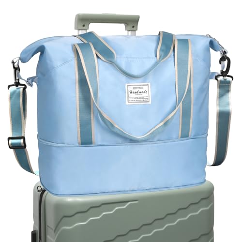 DMluna wasserdichter Reise-Seesack - Tragetasche, Sporttasche, Schultertasche - Wochenendtasche für Damen und Herren - Krankenhaus-Tasche - Erweiterbar mit Trolley-Ärmel und Nasstasche - Himmelblau von DMLuna