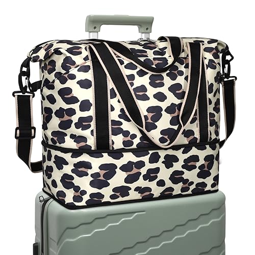 DMLuna Reisetasche, Sporttasche, Schultertasche, Wochenendtasche für Damen und Herren, Krankenhaustasche, erweiterbare Reisetasche mit Trolleyhülle/Nassfach, Z - Schwarz/Brauner Leopard von DMLuna