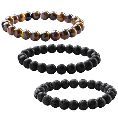 DMNQ 3pcs 8mm Perlenarmband Herren - Lavastein und Tigerauge Armband - Geschenke für Männer und Frauen von DMNQ
