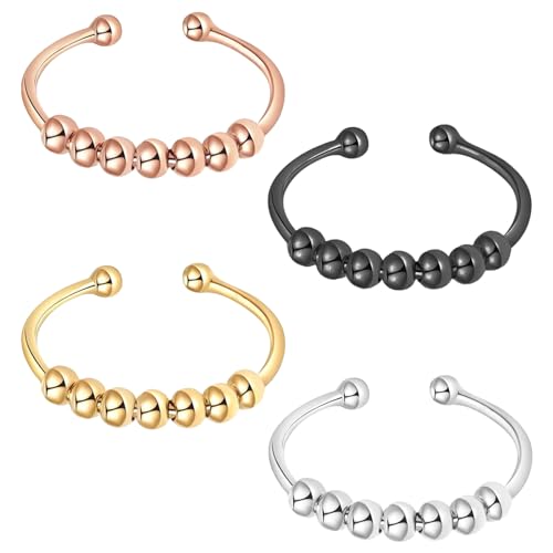 DMNQ 4 Stück Anxiety Ring Fidget Ring Anti Stress Ring Angst Spinning Mit Perlen Offene Spinner Damen Anxiety Stressringe Zur Linderung von Ängsten für Mädchen Frauen Schwarz Silber Gold Roségold von DMNQ