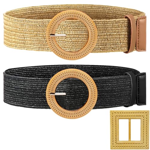 Flechtgürtel Damen Gürtel 2 Stück Geflochten Damen Gürtel Damen Breit Gürtel Breit Damen Gürtel Breit Damen Kommt mit einer Schnalle Stroh Gewebter Elastischer Wide Gürtel von DMNQ