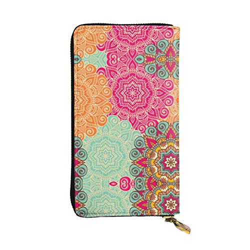 DMORJ Boho Mandala Bunte Blumen Leder Lange Clutch Geldbörse: 19 x 10 cm Bequem Leicht Wasserdicht Langlebig Schönes Geschenk, Schwarz, Einheitsgröße, Schwarz , Einheitsgröße von DMORJ