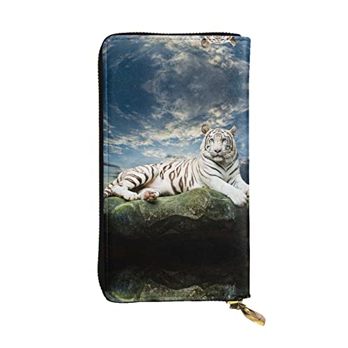 DMORJ Majestic Tiger Resting On A Rock With Cloudy Sky Leather Long Clutch Wallet : 19 x 10 cm Comfortable Lightweight Waterproof Durable Nice Gift, Black, One Size, Schwarz , Einheitsgröße von DMORJ