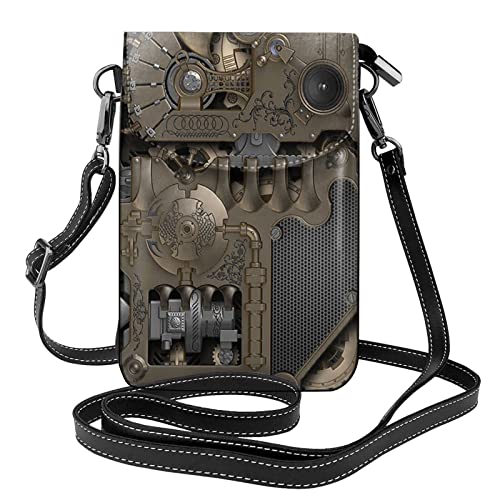 DMORJ Steampunk Mechanische Zahnräder Handy-Geldbörse – kleine Umhängetasche aus Leder für Damen, Schultergurte, Tasche mit Kreditkartenfächern, 19 x 7,3 cm, Schwarz , Einheitsgröße von DMORJ