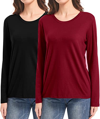 DMVOD 2er-Pack Baumwoll-T-Shirts mit Langen Ärmeln, Workout-Oberteile für Damen, Basic-T-Shirt mit Rundhalsausschnitt Black/Red-S von DMVOD
