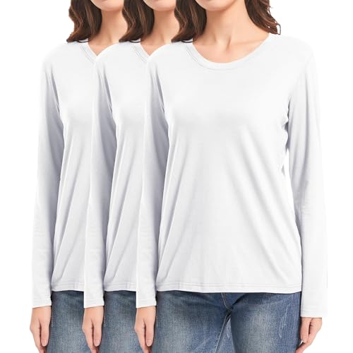 DMVOD 3er-Pack Baumwoll-T-Shirts mit Langen Ärmeln, Workout-Oberteile für Damen, Basic-T-Shirt mit Rundhalsausschnitt 3P-White-3XL von DMVOD