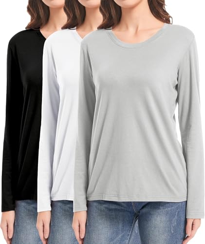 DMVOD 3er-Pack Baumwoll-T-Shirts mit Langen Ärmeln, Workout-Oberteile für Damen, Basic-T-Shirt mit Rundhalsausschnitt Black/White/Gray-M von DMVOD