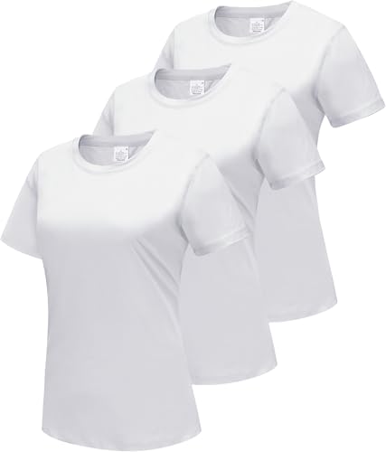 DMVOD 3er-Pack Baumwoll-T-Shirts mit kurzen Ärmeln, Workout-Oberteile für Damen, Basic-T-Shirt mit Rundhalsausschnitt 3P-White-L von DMVOD