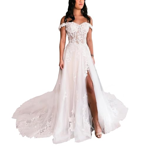DMYG Böhmische Brautkleider Langes A Linien Spitzenbrautkleid für Frauen Schulterfreies Brautkleid Weiß 32 von DMYG