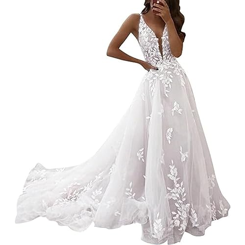 DMYG Damen Brautkleid Lang A-Linie für Hochzeit Übergröße Brautkleider V-Ausschnitt Strand-Partykleid Weiß 52W von DMYG