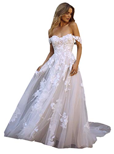 DMYG Hochzeitskleid Boho Beach Lang Spitze Appliques Off The Shoulder Tüll Prinzessin Brautkleider Elfenbein 42 von DMYG