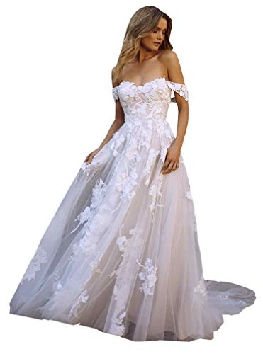DMYG Hochzeitskleid Boho Beach Lang Spitze Appliques Off The Shoulder Tüll Prinzessin Brautkleider Weiß 40 von DMYG