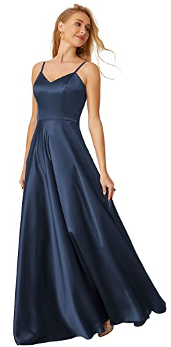 DMYG Satin Brautjungfernkleider für Damen Elegante Lange A-Linie Maxikleider V-Ausschnitt Rückenfrei Abendkleider Navy Blau 36 von DMYG