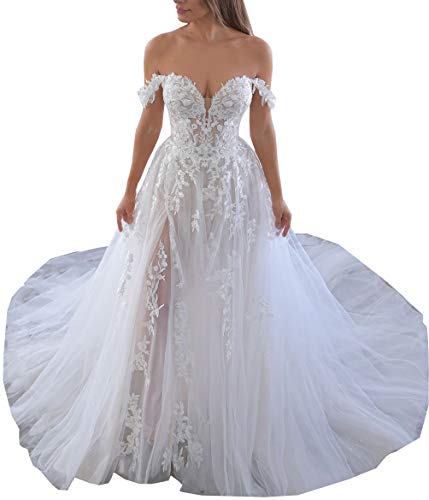DMYG Spitze Beach Hochzeitskleid Für Braut 2020 Tüll Off Schulter Appliziert Braut Brautkleider Weiß 32 von DMYG