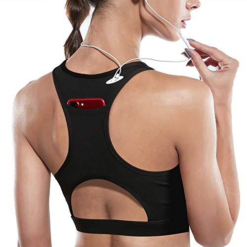 DMYG Sport BH Yoga BH Fitness BH High Impact Back Pocket Sports Bra Racerback Activewear Bras Mit Padded Für Running BH Für Damen Schwarz S von DMYG