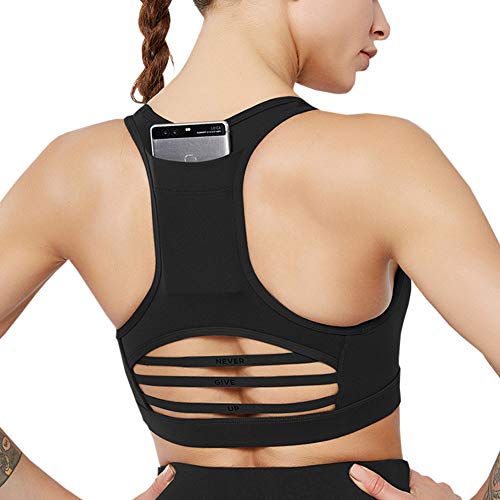 DMYG Sport BH Yoga BH Fitness BH High Impact Back Pocket Sports Bra Racerback Activewear Bras Mit Padded Für Running BH Für Damen Schwarz2 L von DMYG